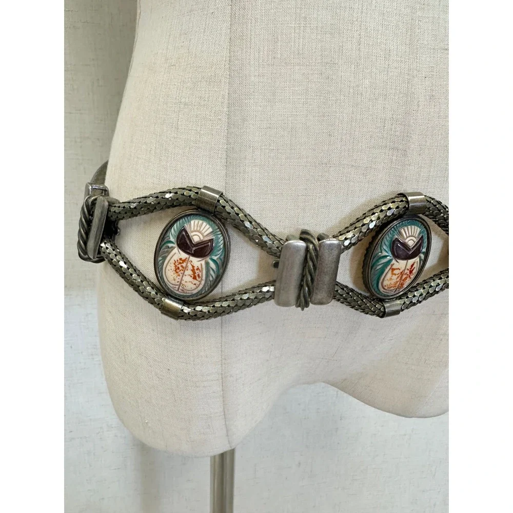 Vintage Egyptian Revival Scarab Beetle Antique Brass Mesh Chain Belt Women SM